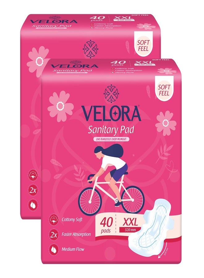 Velora Soft Feel & Rash Free XXL 80 Pads, Sanitary Pads for Women and Girls, Quick Absorption, Heavy Flow Champion, Skin Friendly Trifold Sanitary Napkins (40 Pads Each -320MM) - Image 1